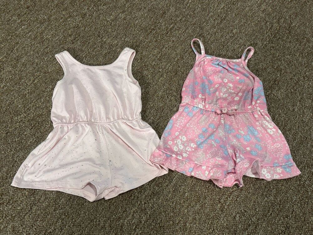 Pink Baby Girl Rompers Floral Sparkle 12 Month Bundle Of 2 Young Hearts EUC
